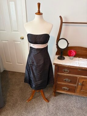 Strapless Black Satin Cocktail Dress with pale pink Waistband